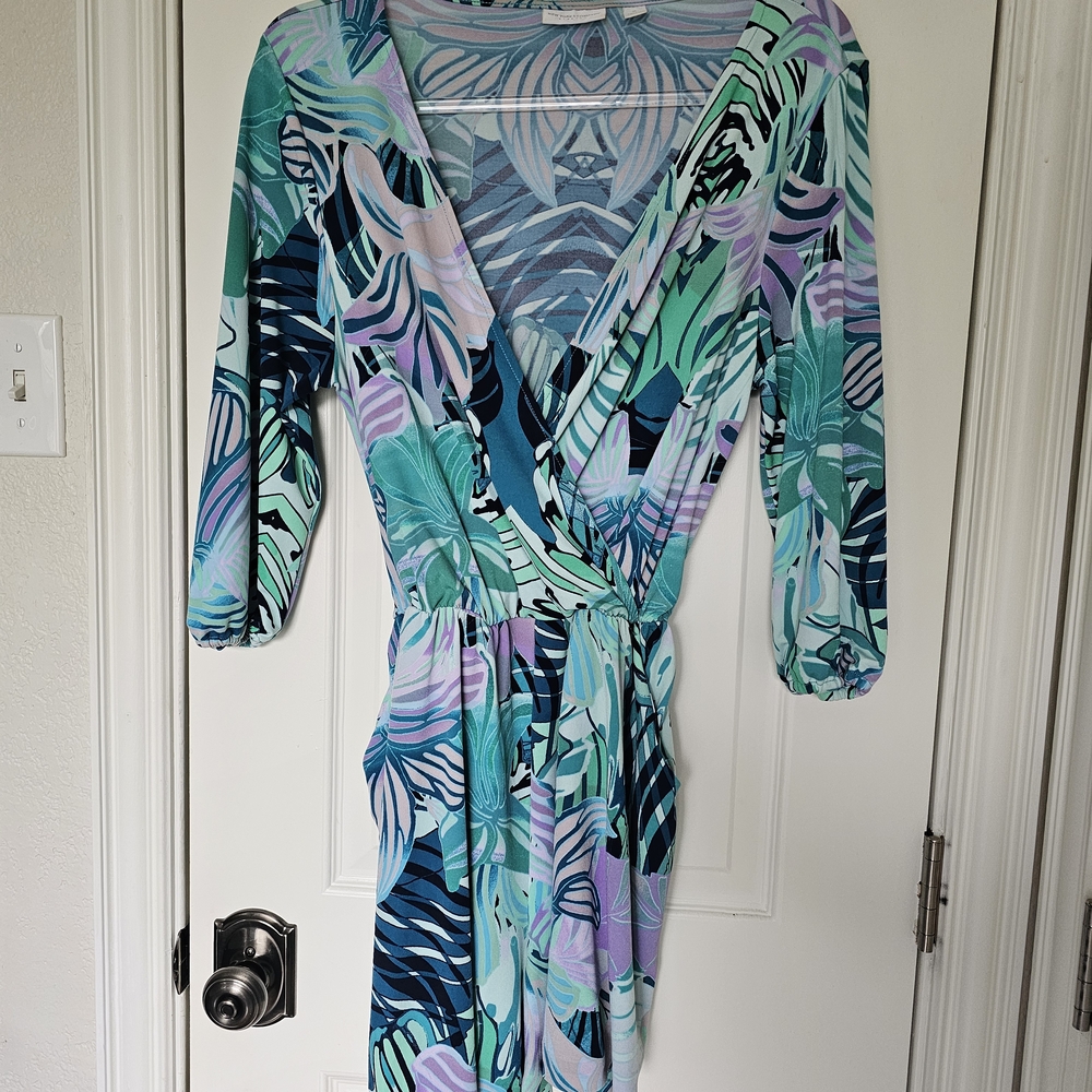 New York & Company Blue Green Wrap Dress V-Neck 3/4 Sleeve